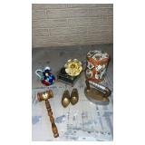 Brass shoes ash trays , wooden gavel, and more