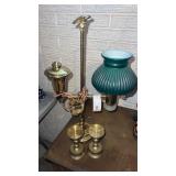 Brass lamp  and lamp shade with tag  and candle