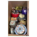Box of miscellaneous tins