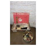 Cigar box and tin with miscellaneous buttons