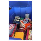 Blue tote with lid and  miscellanious tins
