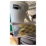 Small tote of worm, bedding, and a minnow bucket