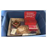 Tote with lid and wooden advertising boxes and