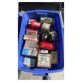 Tote with lid and  miscellaneous tins