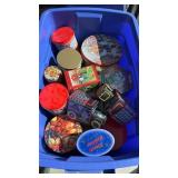 Tote with lid and miscellaneous tins