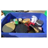 Tote with lid and miscellanious tins