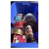 Tote with lid and  miscellaneous tins