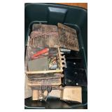 Tote with lid and old phone parts and pieces