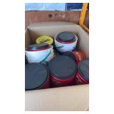 Box of empty coffee, cans, and coffee, jugs