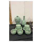 Celadon Korean 7" vase flying cranes and clouds