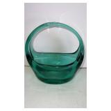 Green glass basket  7.5 x 8.5"