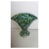 Blue /green and white  glass fan vase  7 x 7"