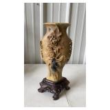 Chinese Soapstone Floral Design Vase with Wooden