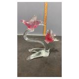 Pink and Clear Glass Birds on Tree 10" Tall