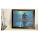 33.5 x 27.5". Framed canvas painting of a ship