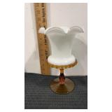 Fenton milk glass vase with an amber / gold crest