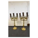 A pair of Brass lions triple  candelabra / candle