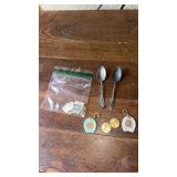 2 silverplate sooons wheat penny, keychains, and