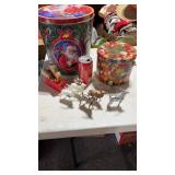 2  Christmas tins and plastic reindeer and sleigh