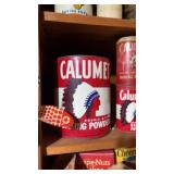 Vintage tins including Calumet baking powder,