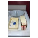 Divided milk glass blue brown flowers glass dish