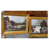 2 wood, framed foil, art of small farm town,  and