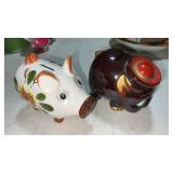 Brown piggy bank hand painted and Japan pig swine