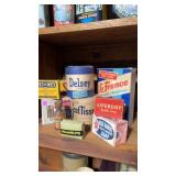 Vintage boxes including Brillo soap pads, Delsey