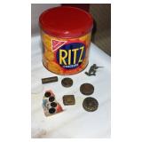 Ritz Tin can with lid , vintage pill containers