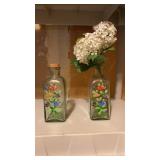 2 Decorative Glass Bottles with Faux Flowers