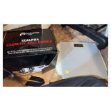 Exercise ball in box , 2 scales and a tote