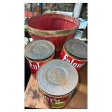 3 Folgers metal tins and basket
