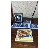 Morton salt coasters in original box and Quaker