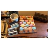 Metal box with key , puzzle , crock w/cracking