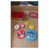 Advertising, tobacco tin and miscellaneous pins