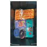 Tote of miscellaneous items, Heating Pad, Belts,