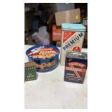 Vintage tins including saltinas, Folgers coffee,