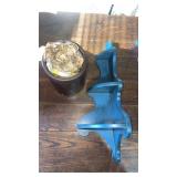 Small brown crock and wooden corner shelf