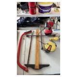 Misc lot including saw, tire iron, and 2 lights