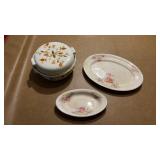 2 decorative platters and bowl with lid