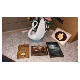 Ceramic swan with artificial flowers and 4