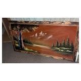 Vintage  velvet landscape picture in wood frame