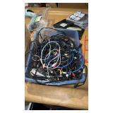 Plastic Tote with Lid of Wires, Audio Cord,