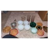 White fireking  bowls , metal hand sifter , pit