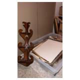 Corner wood shelf.  Photo frames and more