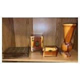 Wooden  trinket box , vase , bank and jewelry box