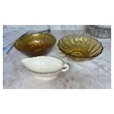 Carnival glass bowl , amber bowl and gravy boat