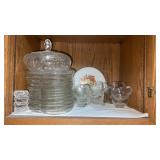 Glass salt cellars w/spoons , tea cups with trays