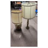 2 table lamps with shades . 1 brass and the o
