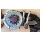 3 blue , purple , grey vases and decorative plate